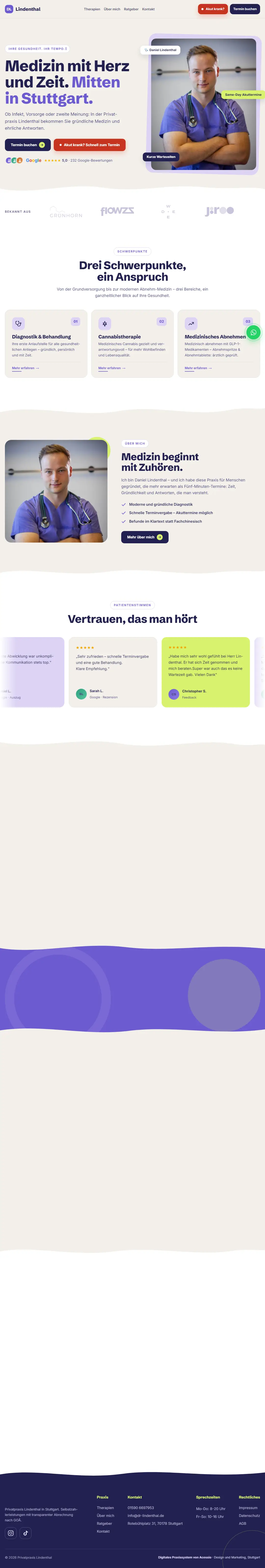 Website der Privatpraxis Lindenthal, ganze Startseite